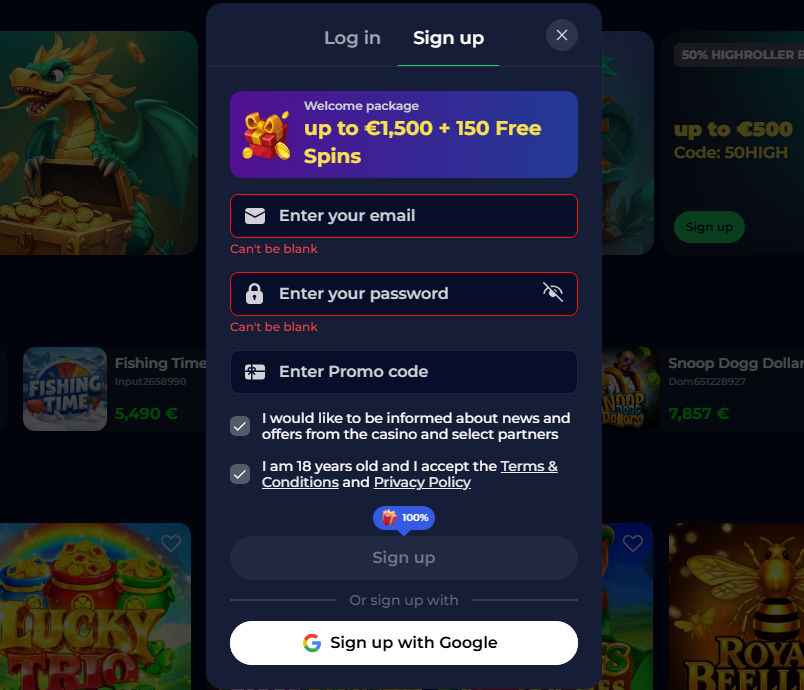 Sign up form with email, password, promo code fields and age consent checkbox