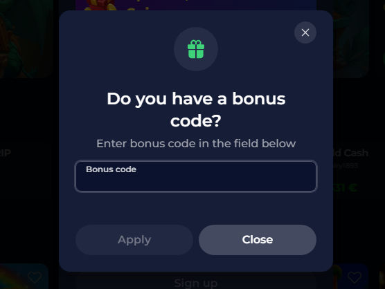 Bonus code modal with input field, Apply button and Close option